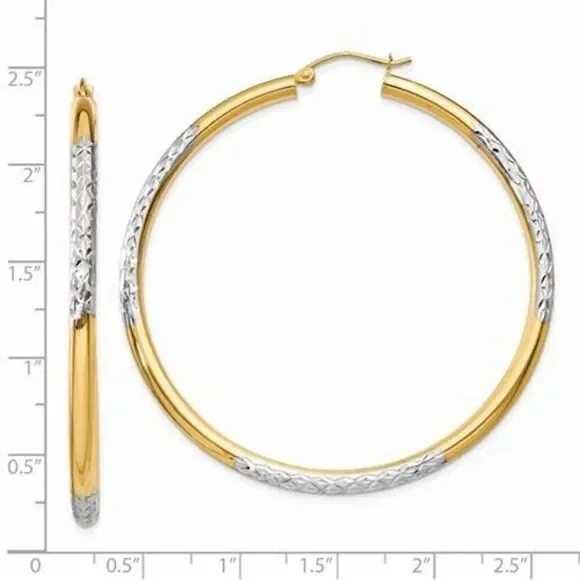 14K and Rhodium Diamond-cut 3x55mm Oversized Hoop Earrings